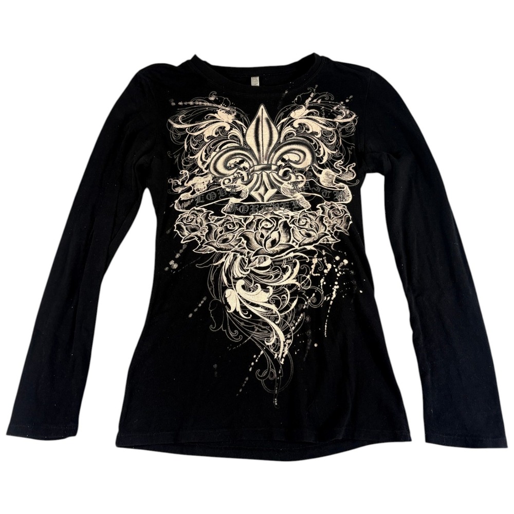 Vintage EJEL Tee Shirt Women's L Black Fleur De Lis Rose Graphic Long Sleeve Y2K